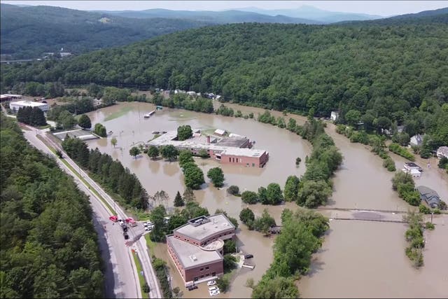 <p>This image made from drone footage provided by the Vermont Agency of Agriculture, Food and Markets shows flooding in Montpelier, Vt., Tuesday, July 11, 2023.</p>