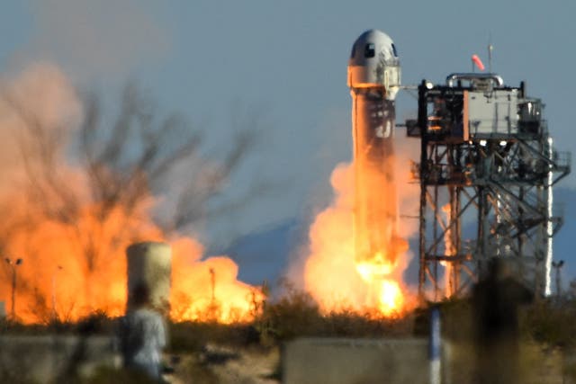 <p>A Blue Origin New Shepard rocket launches from Launch Site One in West Texas north of Van Horn on 31 March, 2022</p>