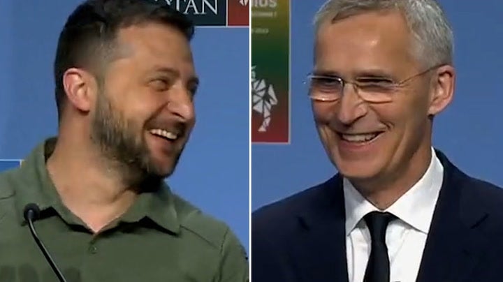 Zelensky jokingly encourages Stoltenberg to answer question about F15 fighter jets being given to Ukraine