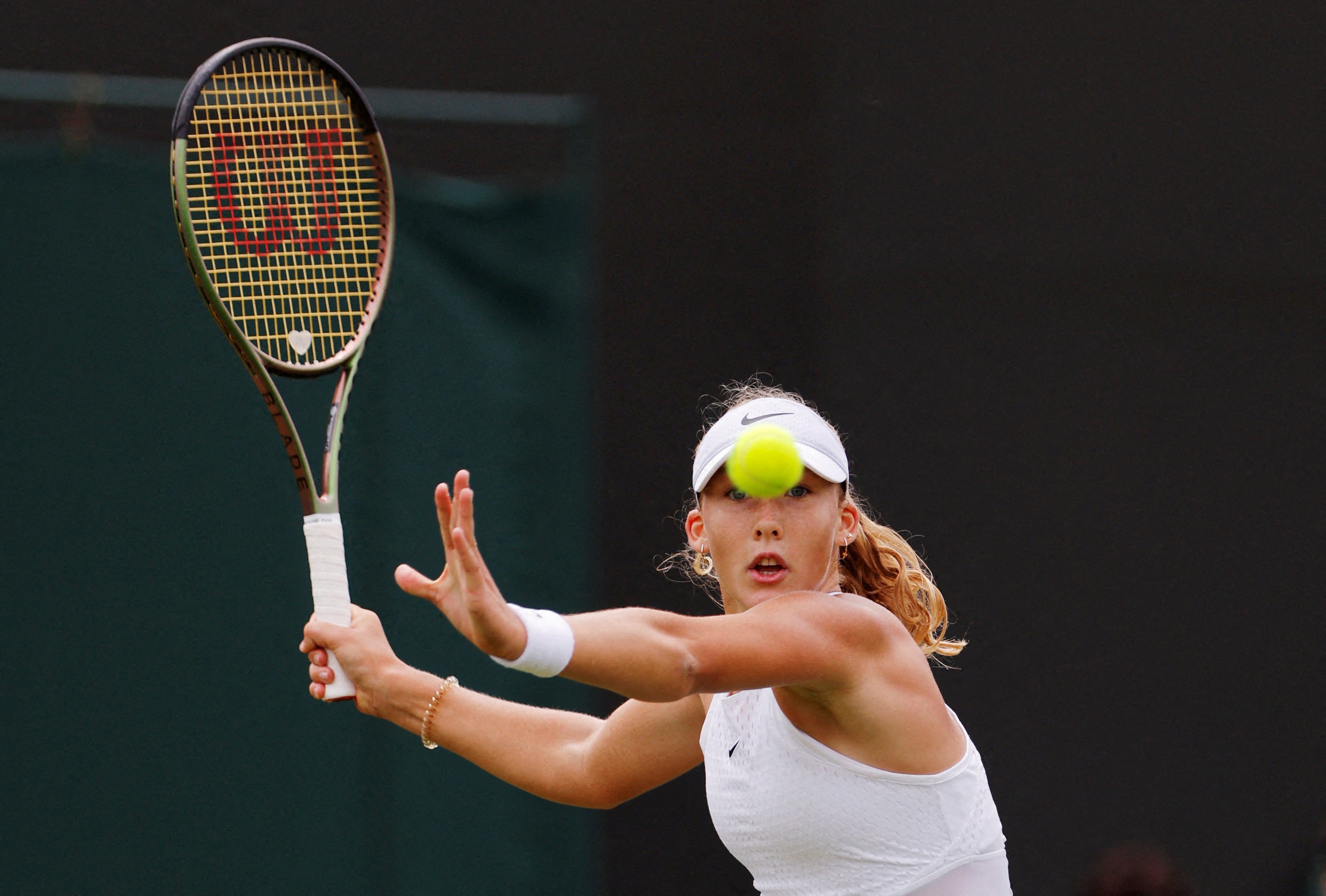 Mirra Andreeva in action during her third round match at Wimbledon