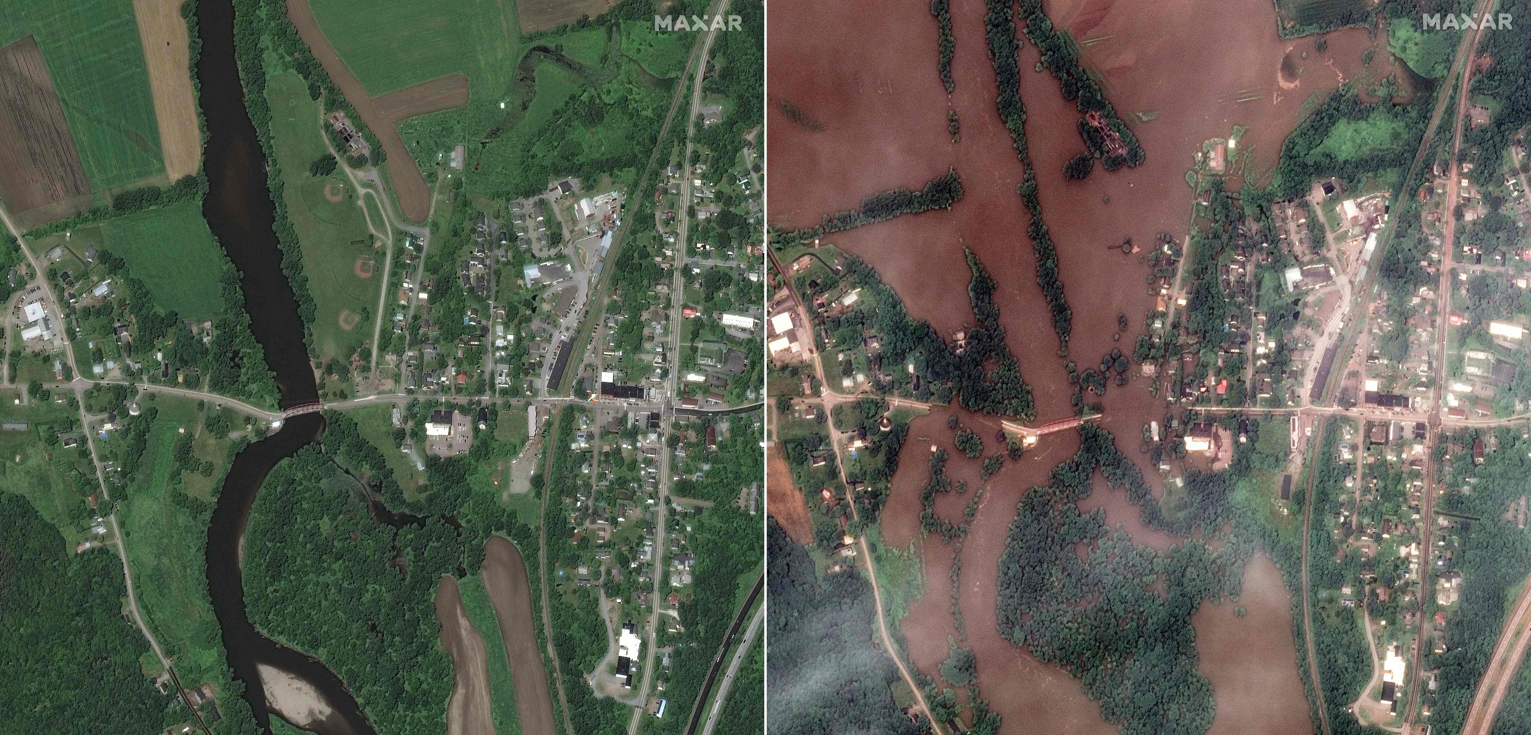 An overview of the Winooski River in Richmond, Vermont on June 27, 2019 (left) and on July 11, 2023, after heavy rains triggered flooding