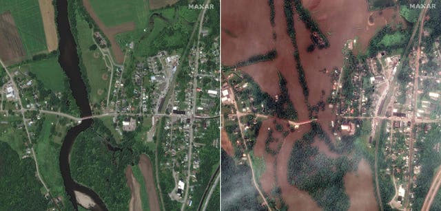 <p>An overview of the Winooski River in Richmond, Vermont on June 27, 2019 (left) and on July 11, 2023, after heavy rains triggered flooding</p>