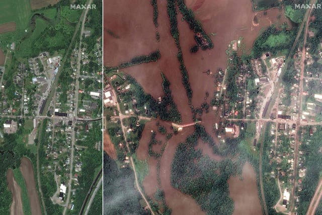<p>An overview of the Winooski River in Richmond, Vermont on June 27, 2019 (left) and on July 11, 2023, after heavy rains triggered flooding</p>