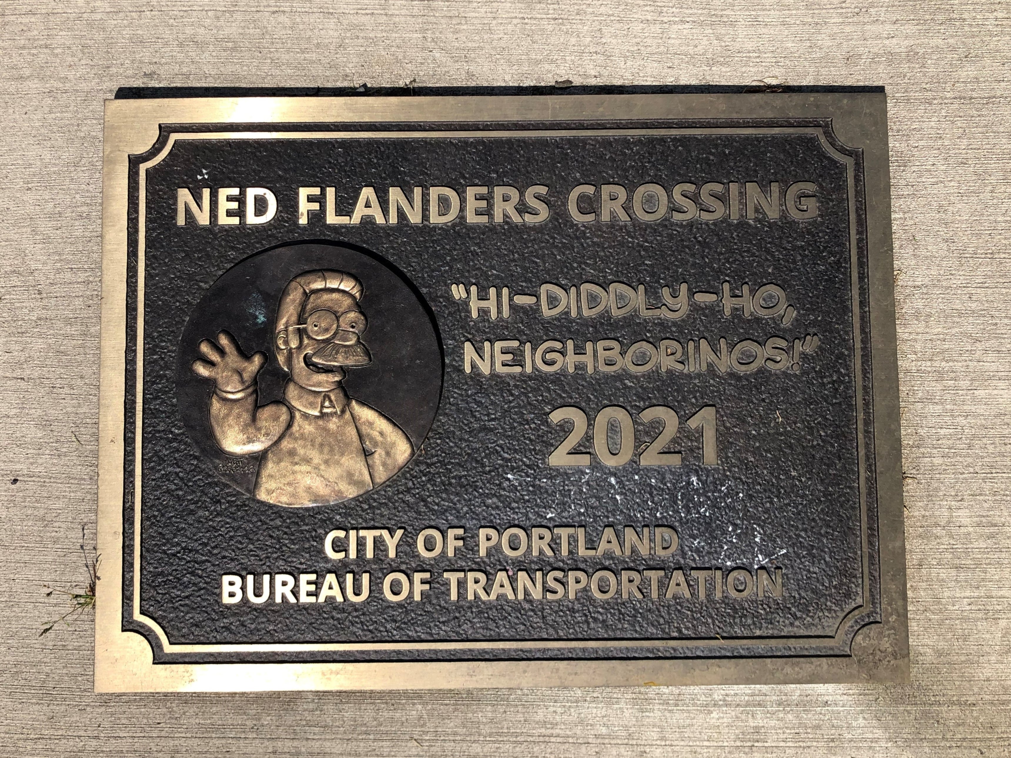The character of Ned Flanders has been immortalised on a bridge over an interstate