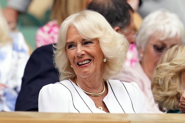 Queen Camilla in the Royal Box on day 10 of the 2023 Wimbledon Championships at the All England Lawn Tennis and Croquet Club in Wimbledon (Victoria Jones/PA)