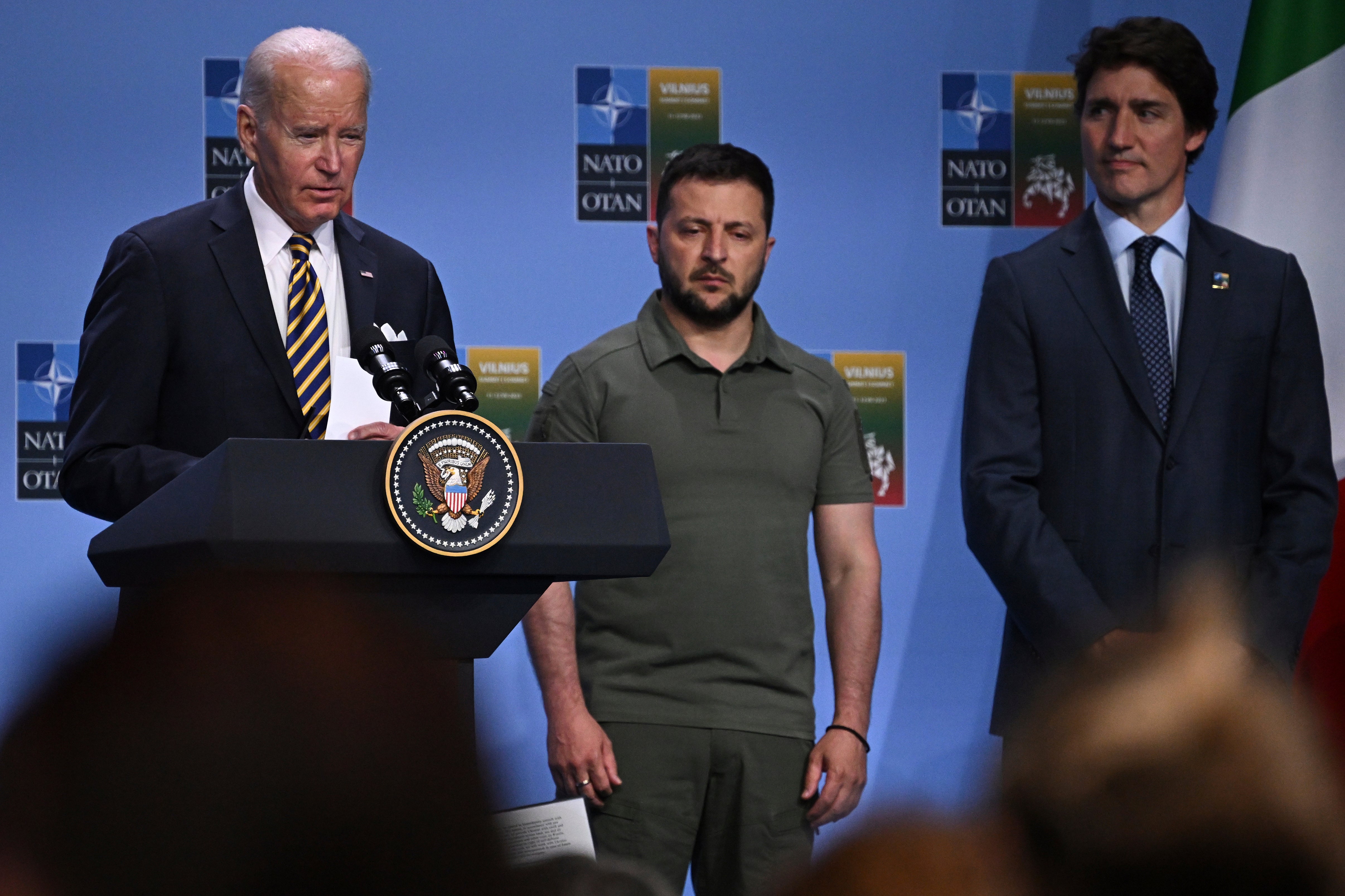 President Joe Biden makes remarks at the Nato Summit in Vilnius, Lithuania, 12 July 2023