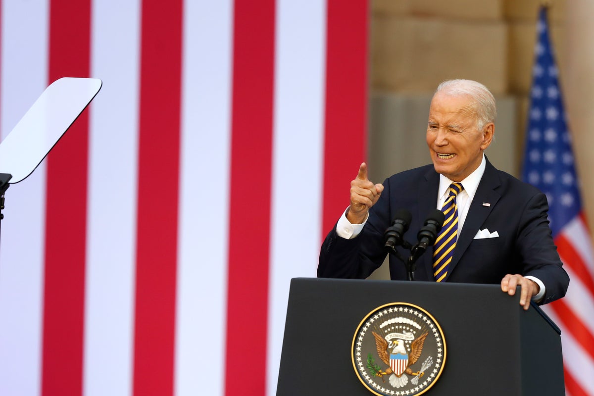 Biden hails ‘unbroken’ Ukrainian people in Nato speech to spirited crowd of 10,000 – and one Trump fan