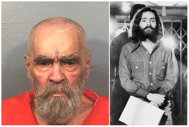 <p>A 2017 mugshot of Charles Manson, left, and a photo of the convicted murderer leaving a courthouse in 1969, right </p>