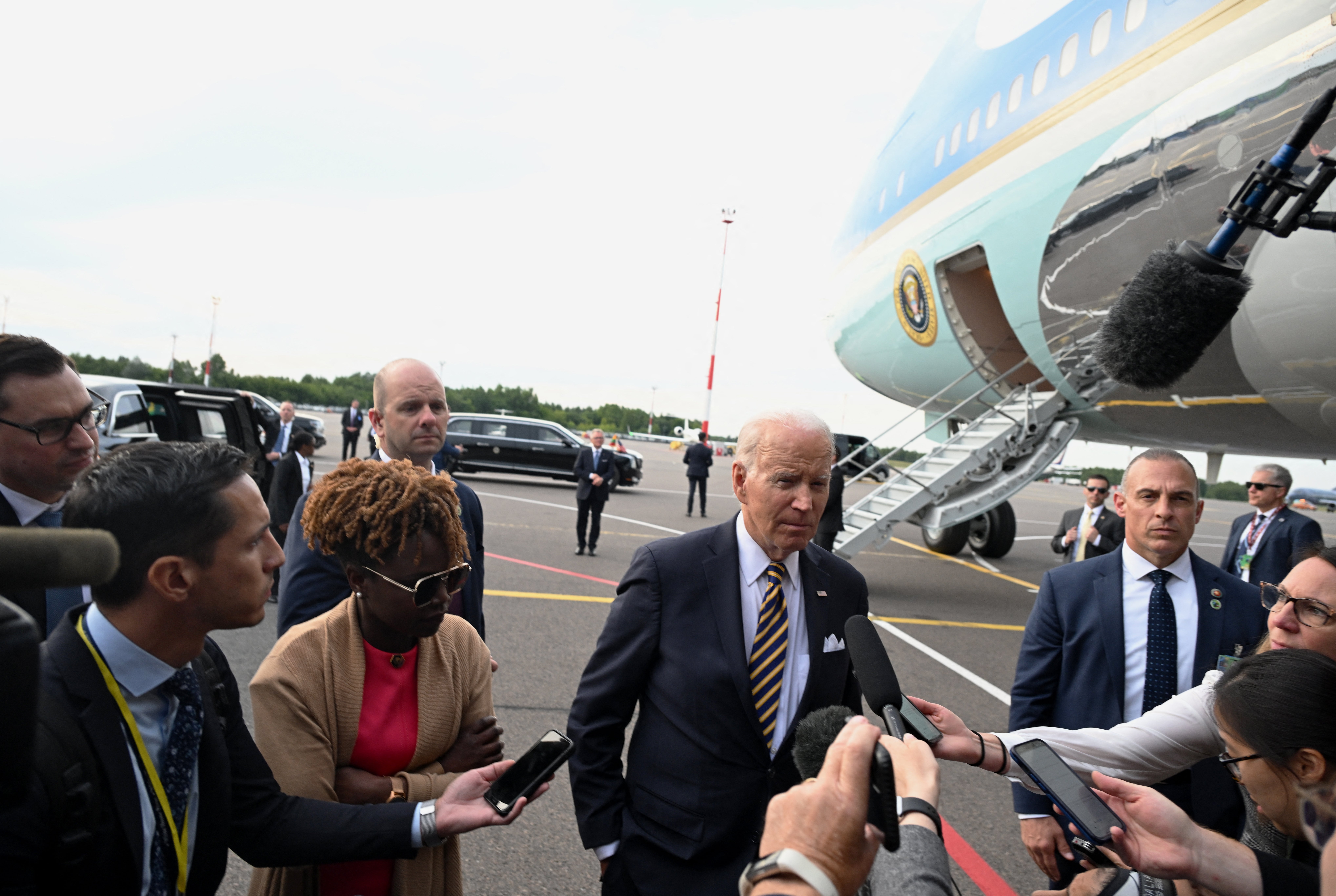 President Joe Biden answers questions from the press prior to boarding the Air force One at the Vilnius International Airport on 12 July 2023