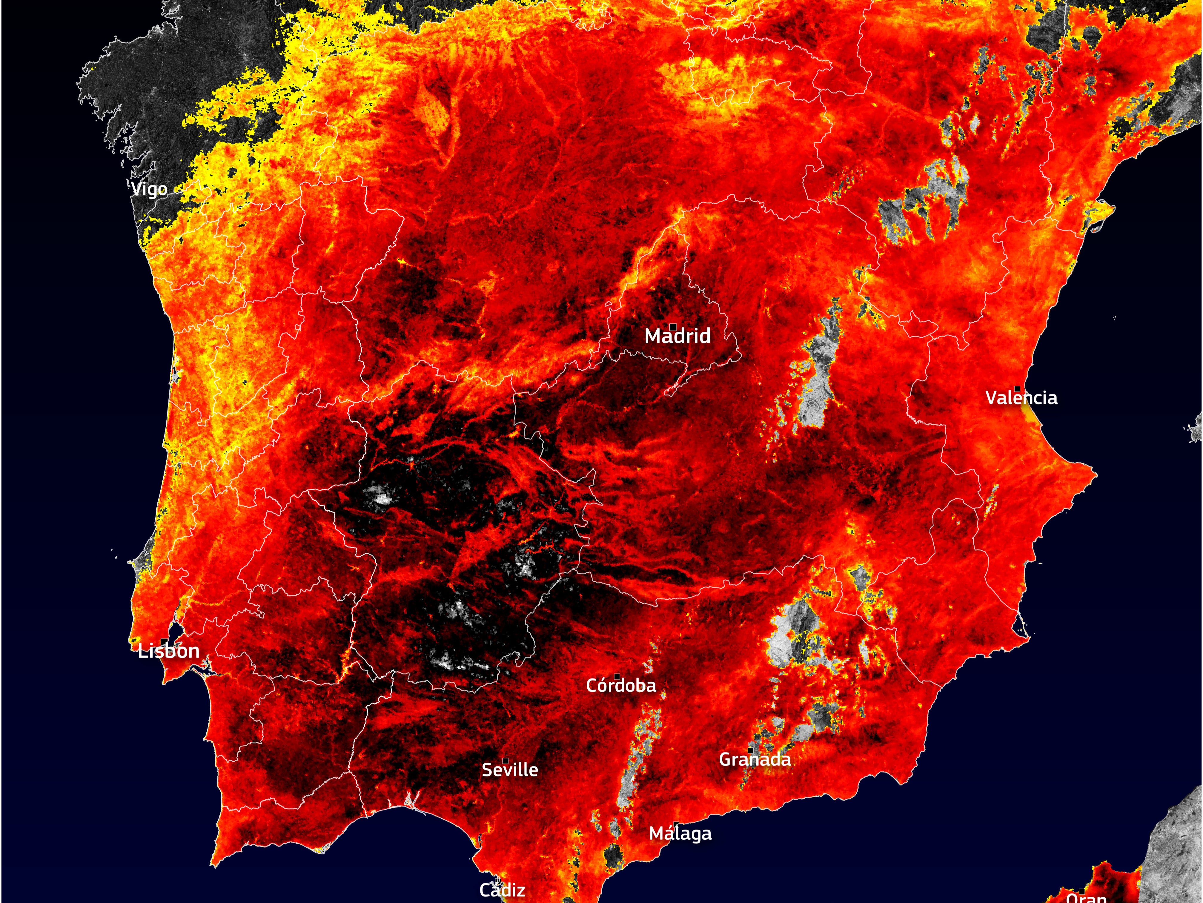 By contrast to gusty Great Britain, this heat map shows extreme temperatures across Spain