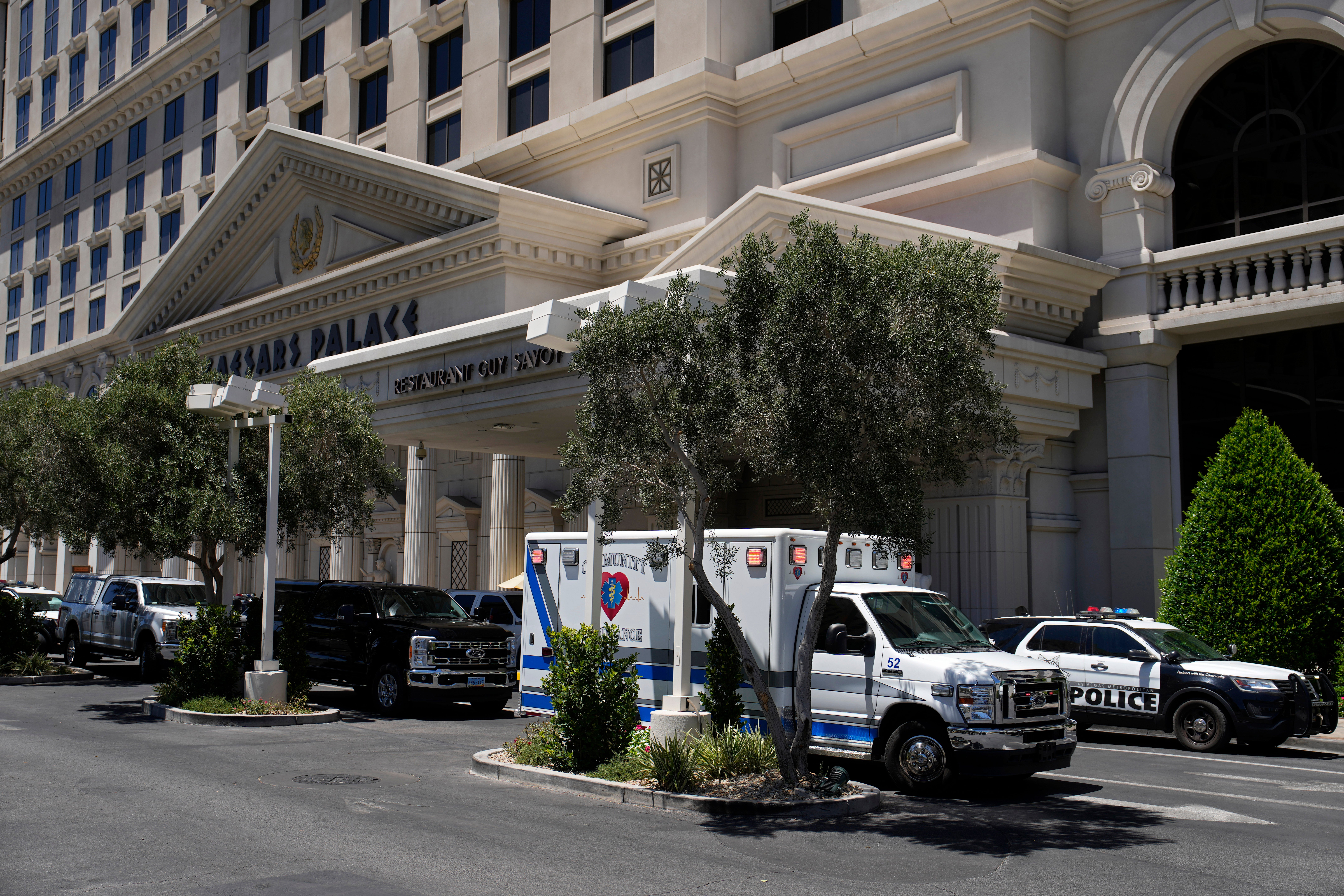 Police and emergency vehicles are staged at Caesars Palace hotel-casino Tuesday, July 11, 2023, in Las Vegas