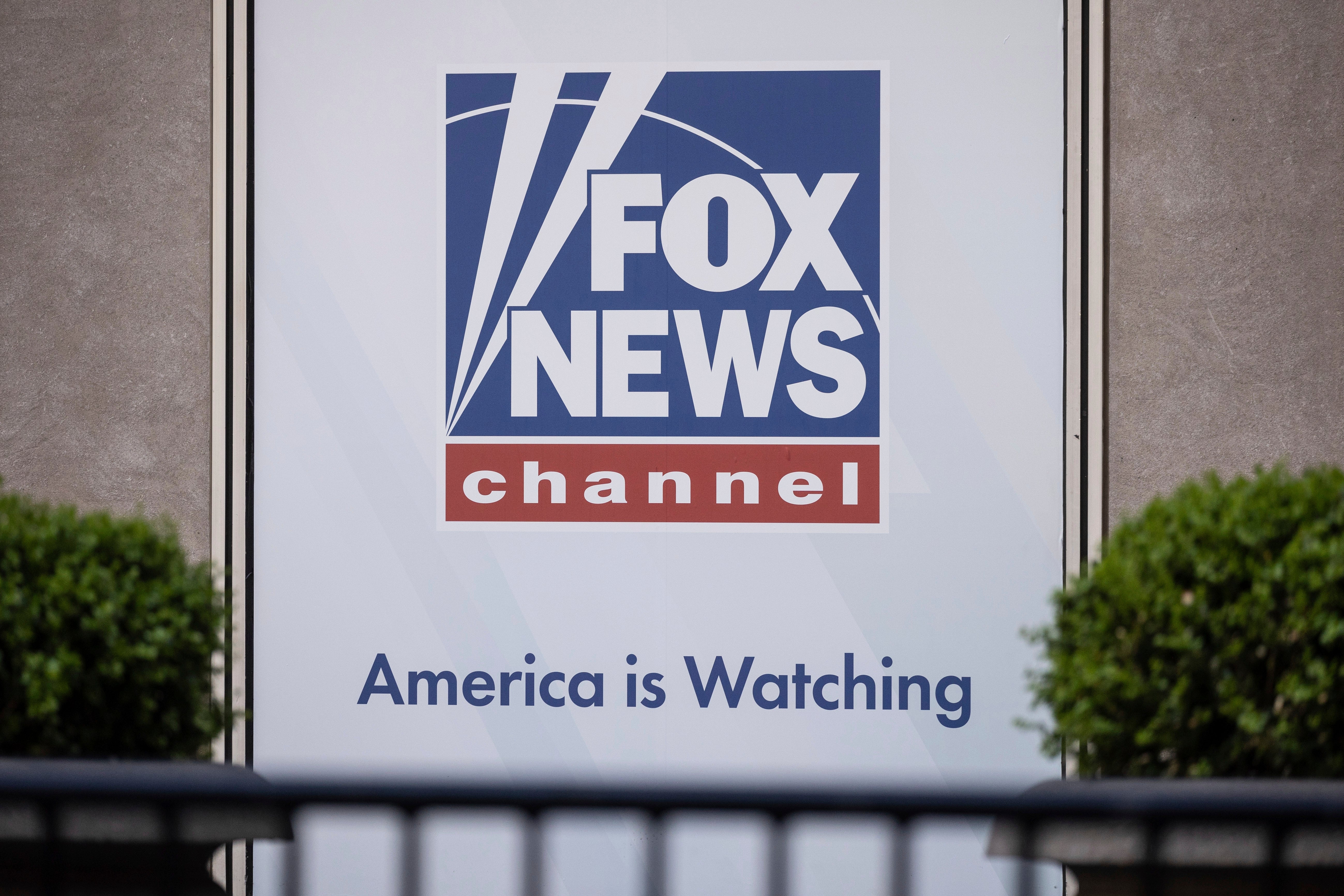The Fox News logo is displayed outside Fox News Headquarters in New York, April 12, 2023