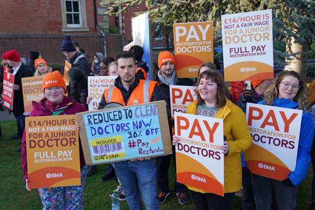 <p>Striking NHS junior doctors on the picket line outside Leicester Royal Infirmary in April</p>