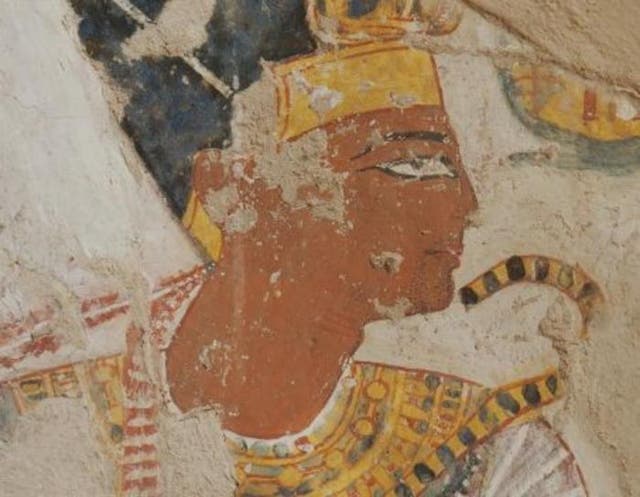 <p>Portrait of Ramses II from tomb of Nakhtamon (c. 1,200 BCE). The headdress, necklace, and royal sceptre were touched up during the painting’s execution</p>