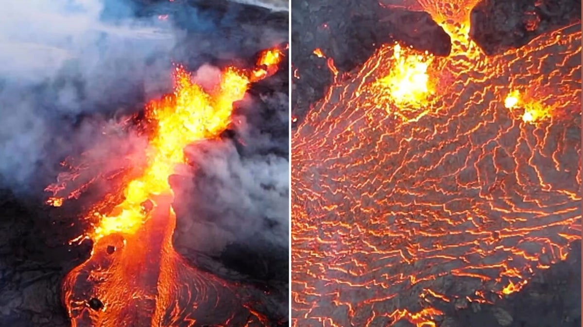 Iceland volcano: Stunning drone footage shows lava bursting through ground after eruption