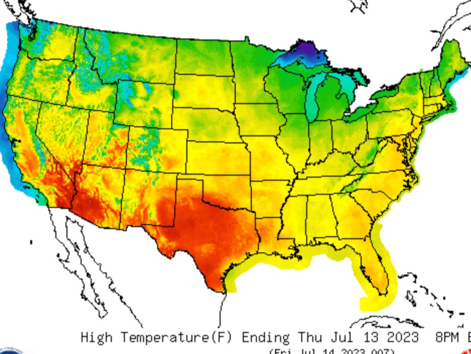 <p>A National Weather Service graphic shows expected temperatures across the US this week </p>