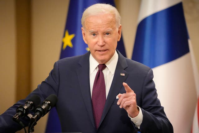 <p>U.S. President Joe Biden gestures during a press conference in Helsinki, Finland, Thursday, July 13, 2023. Biden is in Finland to attend the USâNordic Leaders' Summit. (AP Photo/Sergei Grits)</p>