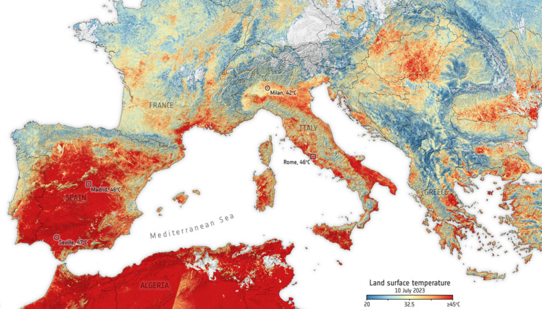 <p>Map released by European Space Agency shows land surface temperature across Europe on 10 July 2023</p>