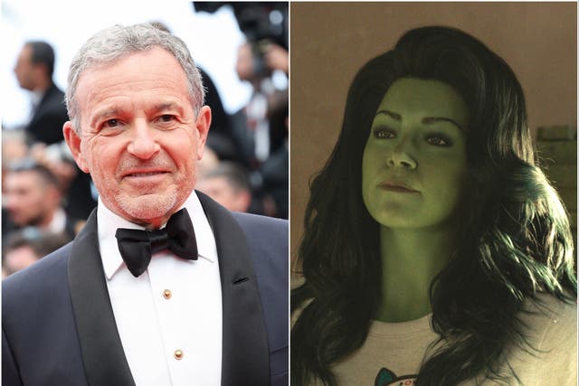 <p>Bob Iger and Tatiana Maslany in ‘She-Hulk: Attorney at Law’</p>