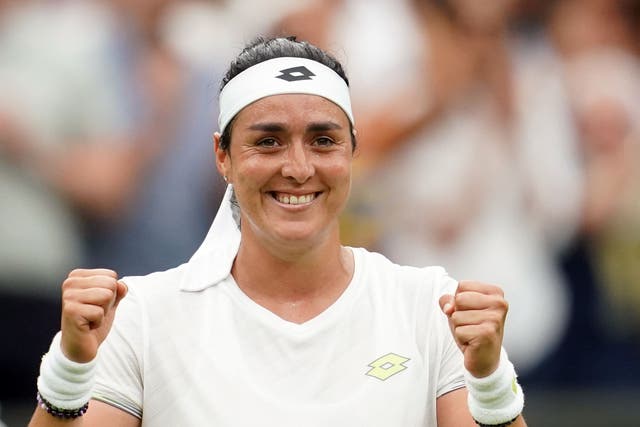 Ons Jabeur celebrates victory over Aryna Sabalenka in the Wimbledon semi-finals (Victoria Jones/PA)