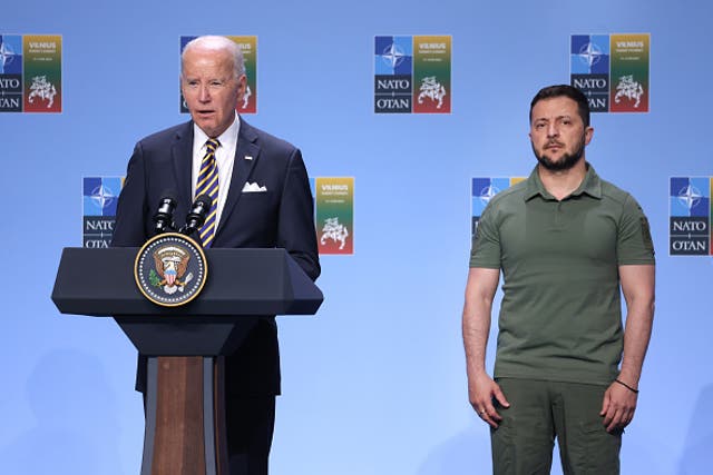 <p>President Joe Biden speaks to announce the G7 nations’ joint declaration for the support of Ukraine as Ukrainian President Volodomyr Zelensky</p>