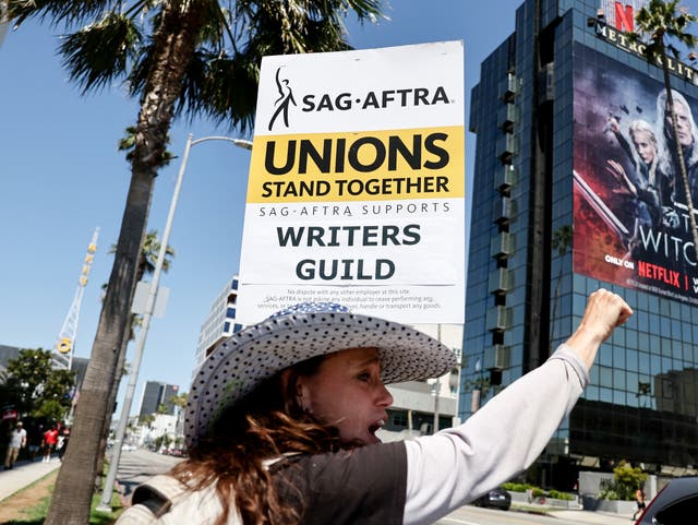 <p>SAG-AFTRA member Christine Robert pickets in solidarity with striking WGA </p>