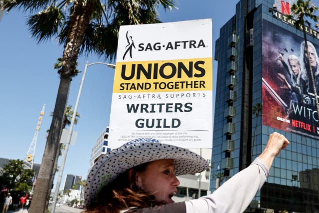 <p>SAG-AFTRA member Christine Robert pickets in solidarity with striking WGA </p>