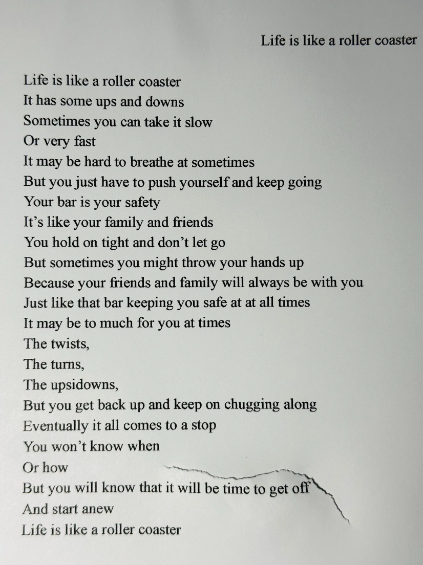 Alex Schachter wrote Life is Like a Rollercoaster just two weeks before his death. A bullet went through the copy he turned in for his English class