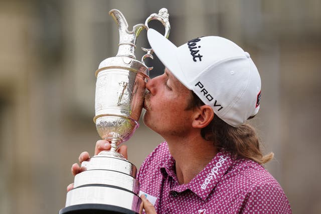Australia’s Cameron Smith celebrates with the Claret Jug after winning The 150th Open at St Andrews (David Davies/PA)