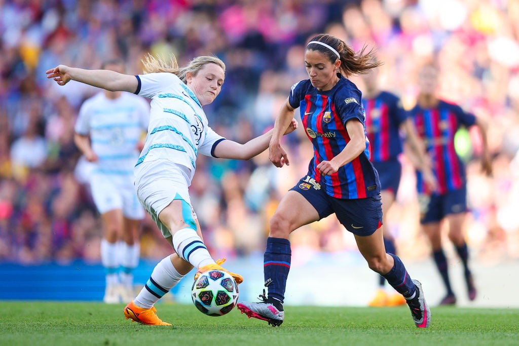 Bonmati challenges for the ball against Erin Cuthbert in last season’s semi-final