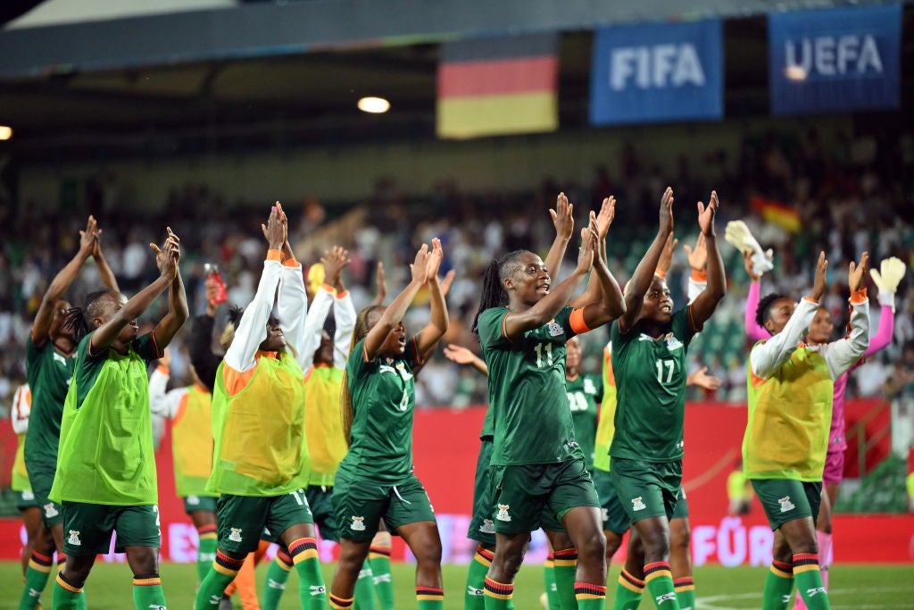 Zambia celebrate after their 3-2 win at Germany