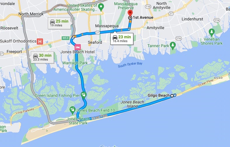 Map showing proximity of home being searched by police and Gilgo Beach where bodies were found