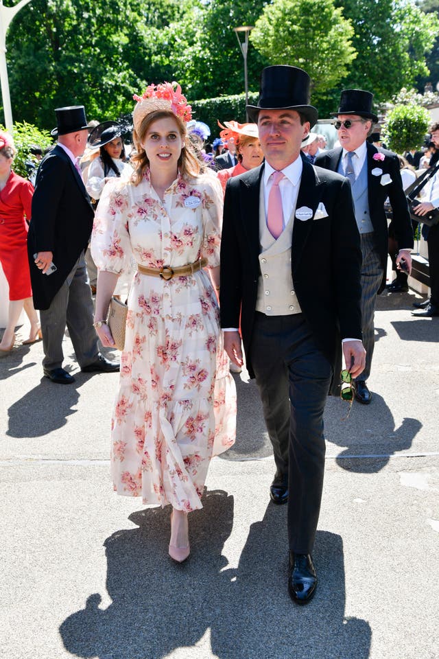 <p>Princess Beatrice and Edoardo Mapelli Mozzin arrive at Royal Ascot 2022 at Ascot Racecourse on June 18, 2022 </p>
