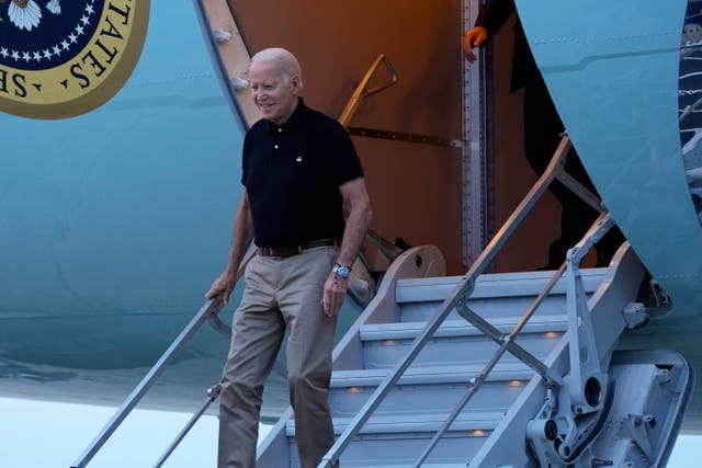 <p>President Joe Biden walks down the steps of Air Force One at Andrews Air Force Base, Maryland, on Thursday, July 13, 2023. </p>