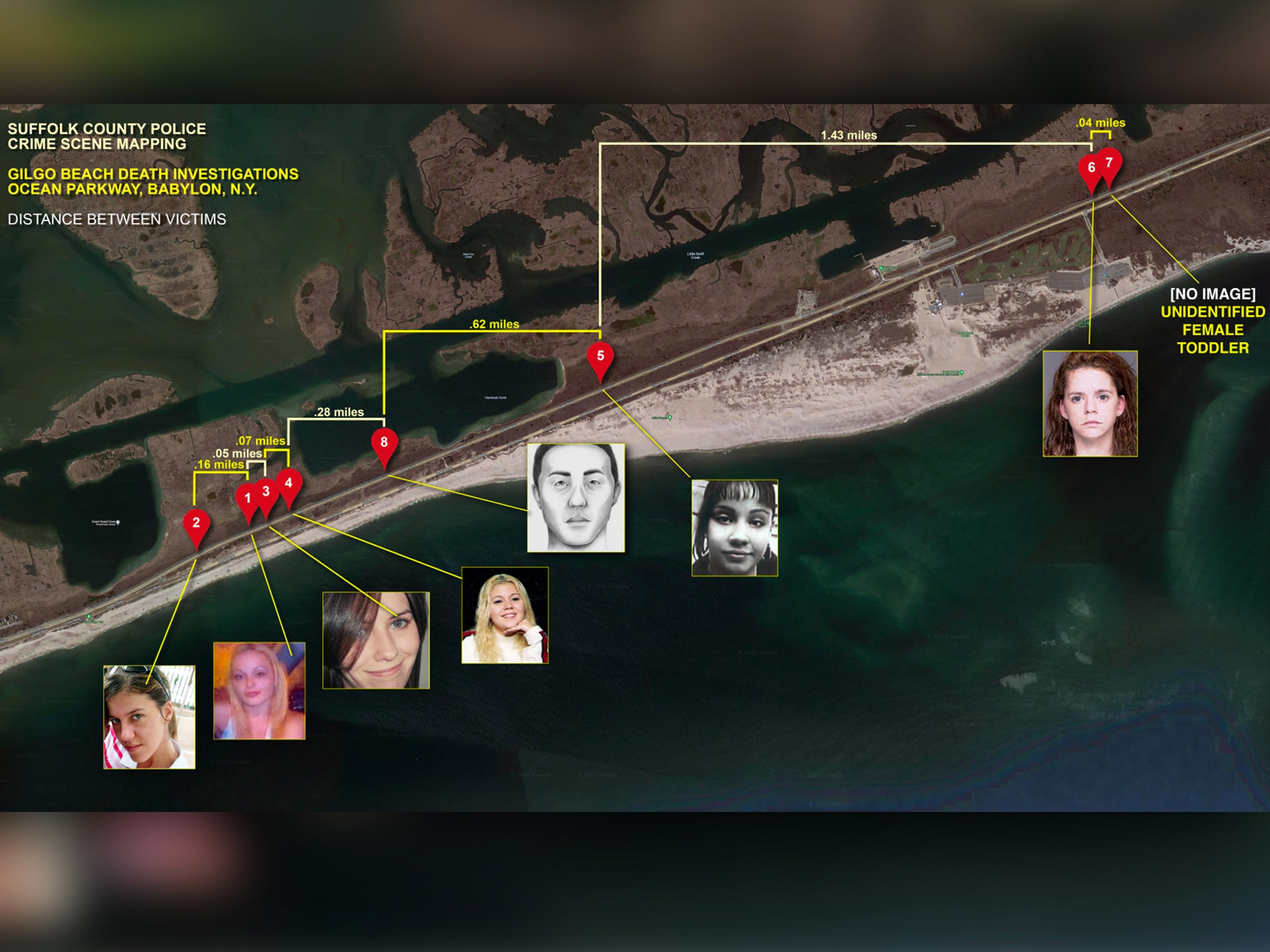 Map showing sites where victims of Gilgo Beach killer were found along Ocean Parkway in Suffolk County, Long Island, NY