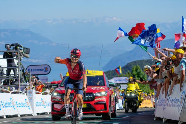 <p>Michal Kwiatkowski celebrates taking victory over stage 13</p>