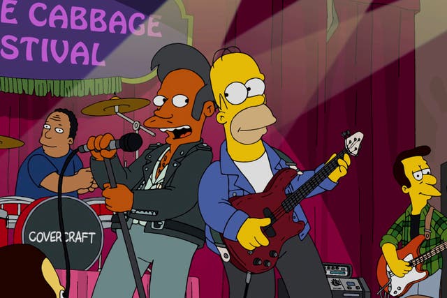 <p>Homer and Apu in the ‘Simpsons’ episode ‘Covercraft’</p>