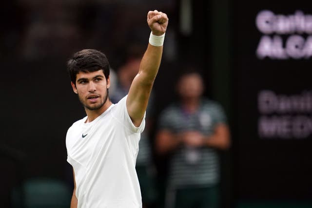 Carlos Alcaraz will face defending champion Novak Djokovic in the Wimbledon men’s final (Victoria Jones/PA)