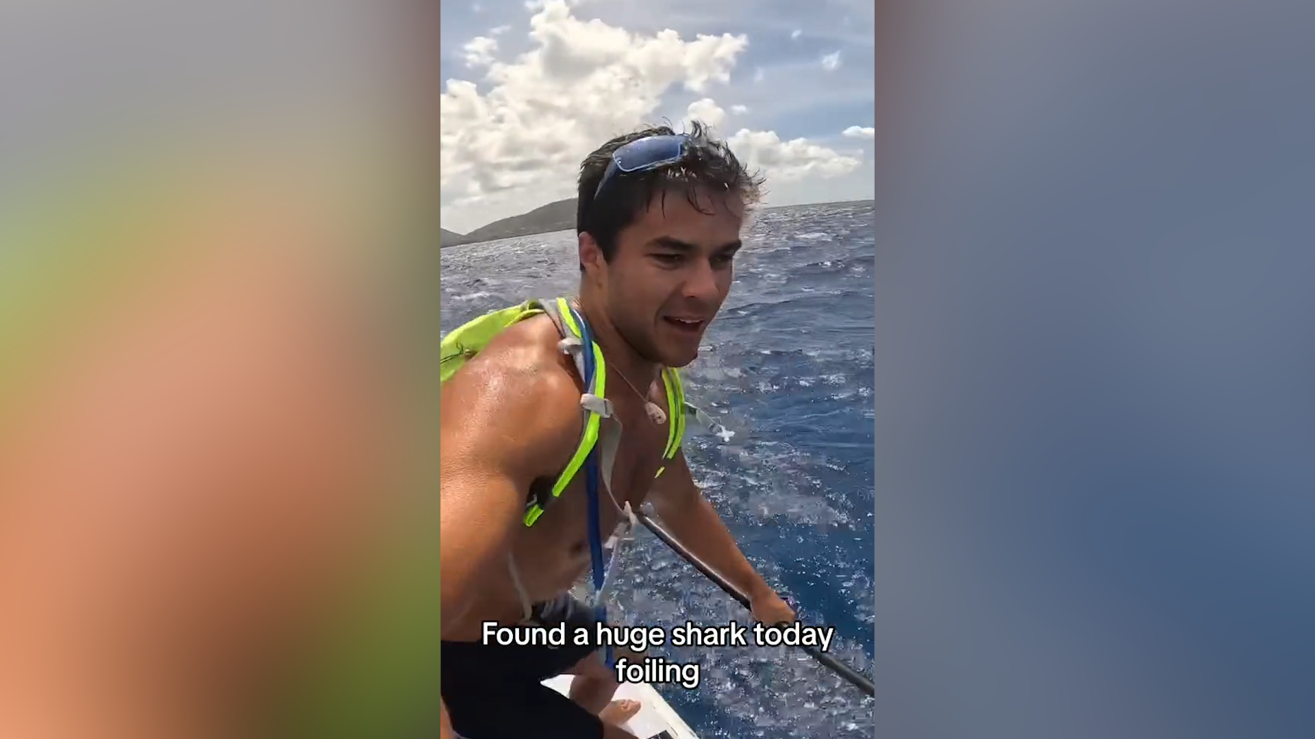 <p>Foil surfer captures close encounter with '20ft' tiger shark as beast circles board</p>