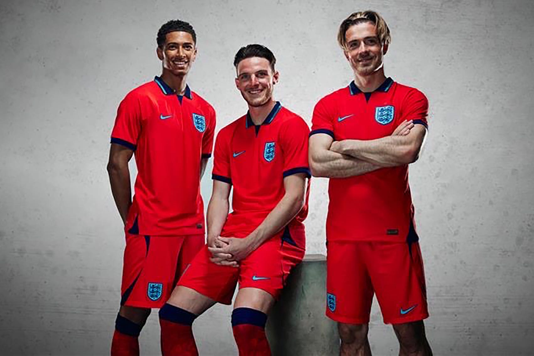 Jude Bellingham, Declan Rice and Jack Grealish, pictured last September wearing the new England away kit (FA handout/PA)