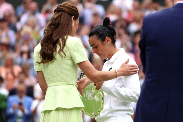 <p>Jabeur was in tears as she collected the runner-up shield for the second year running from the Princess of Wales</p>
