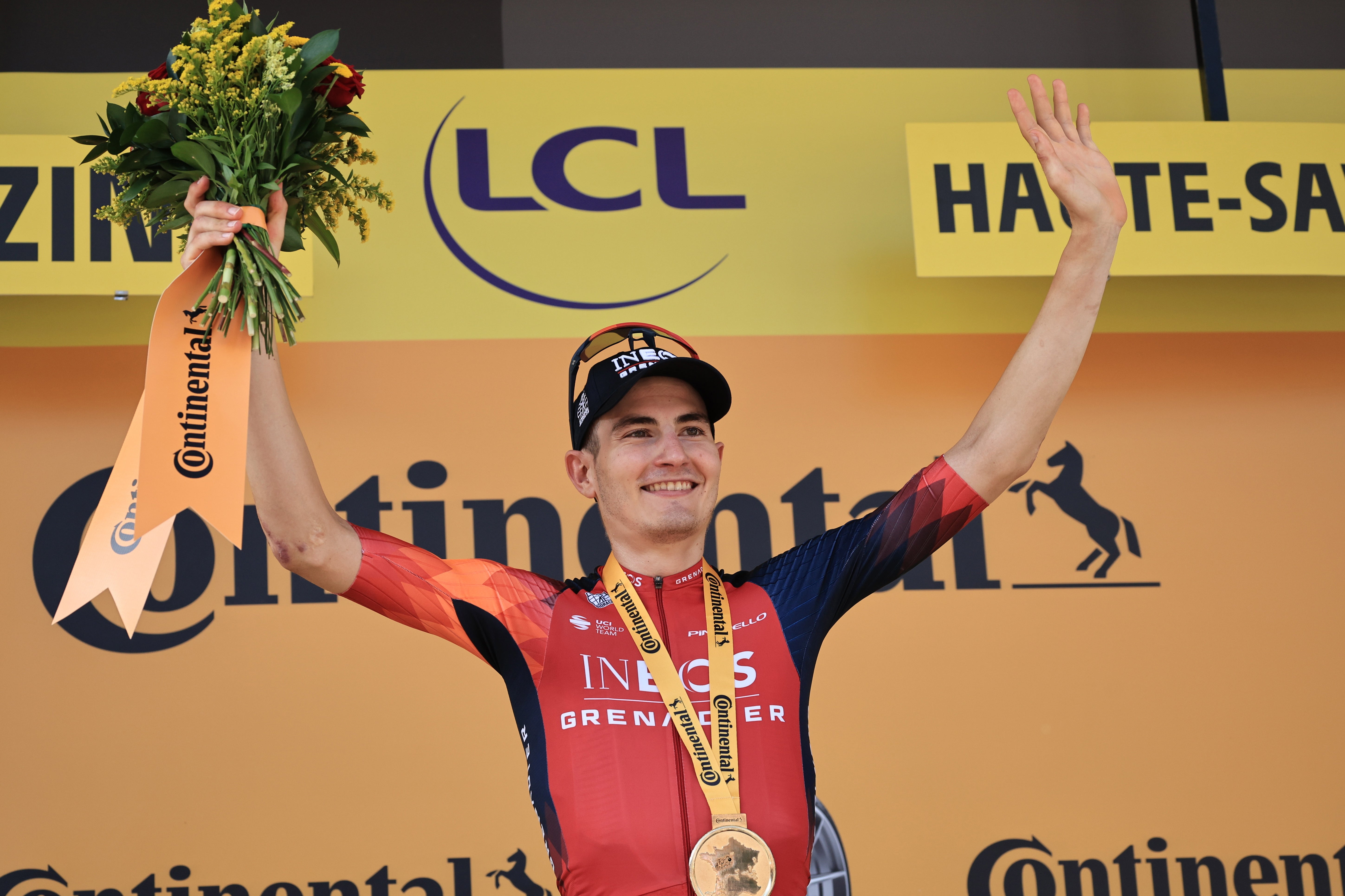 Carlos Rodriguez celebrates a first Tour de France stage win with INEOS Grenadiers
