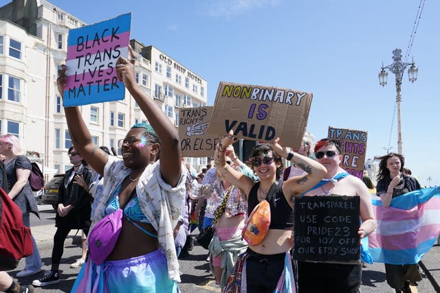 People take part in a Trans Pride protest march in Brighton (PA)