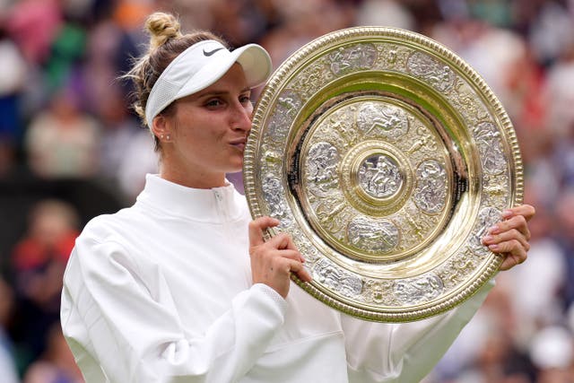 Marketa Vondrousova made history as the won the Wimbledon title by beating Ons Jabeur (John Walton/PA)
