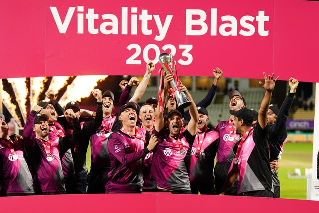 Somerset players celebrate victory over Essex in the Blast final (Mike Egerton/PA)
