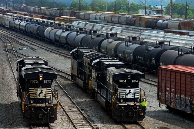 <p>Norfolk Southern locomotives are moved in Norfolk Southern’s Conway Terminal in Conway, PA, Saturday, 17 June </p>