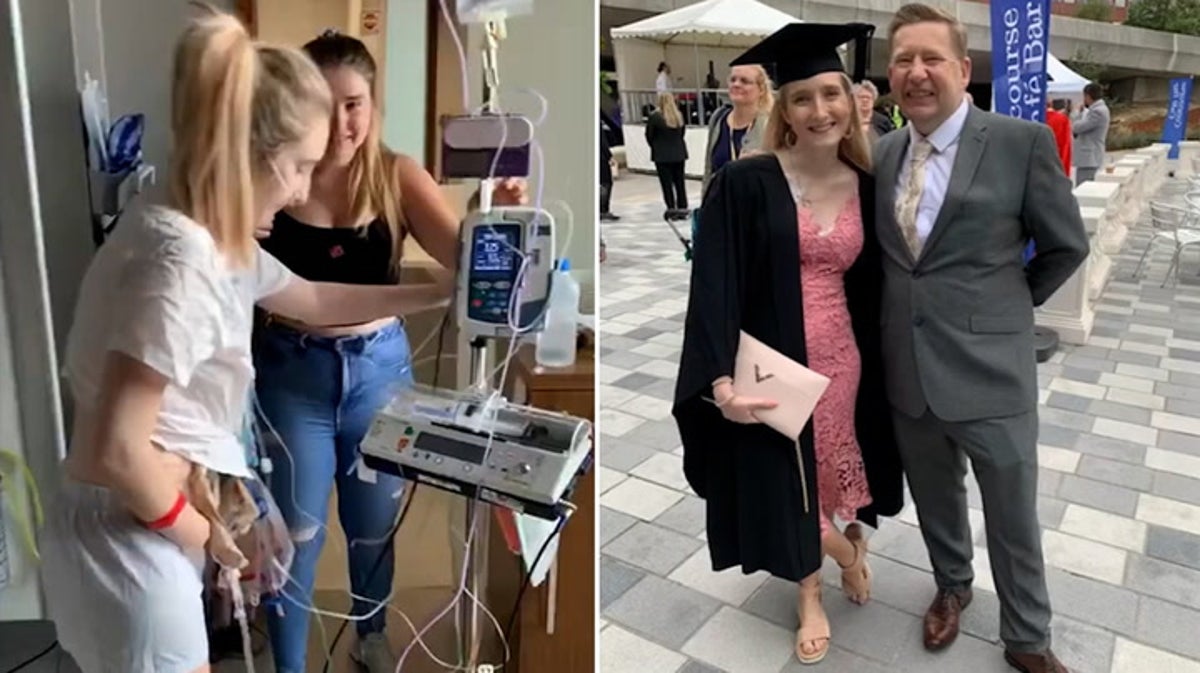 Emotional moment student graduates just six weeks after having bladder removed