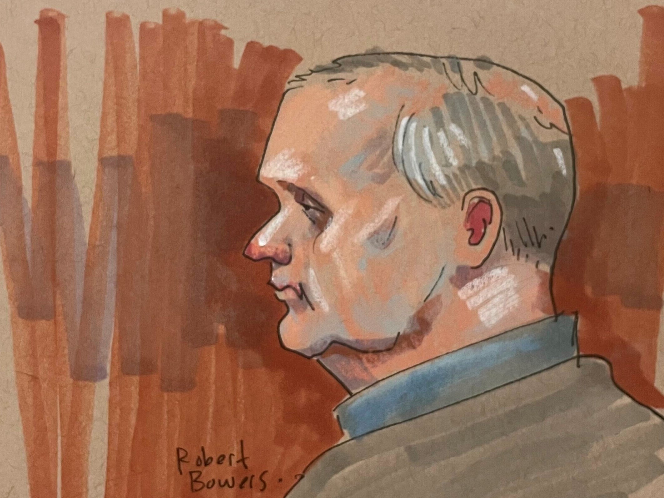 In this courtroom sketch, Robert Bowers, the suspect in the 2018 synagogue massacre, is on trial in federal court, May 30, 2023, in Pittsburgh