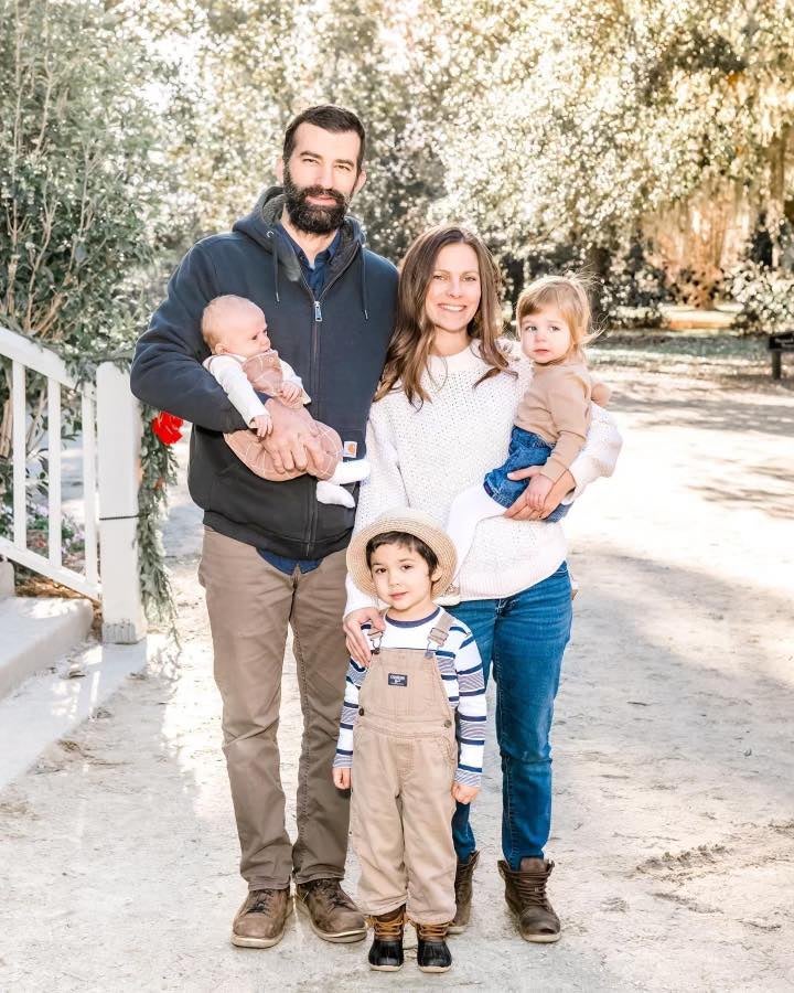 Jim Shiels and fiancee Katie Seley, with their three children. Seley died in flash flooding in Pennsylvania on Saturday, and Matilda Sheils, two, (right) and nine-month-old Conrad Sheils, are still missing