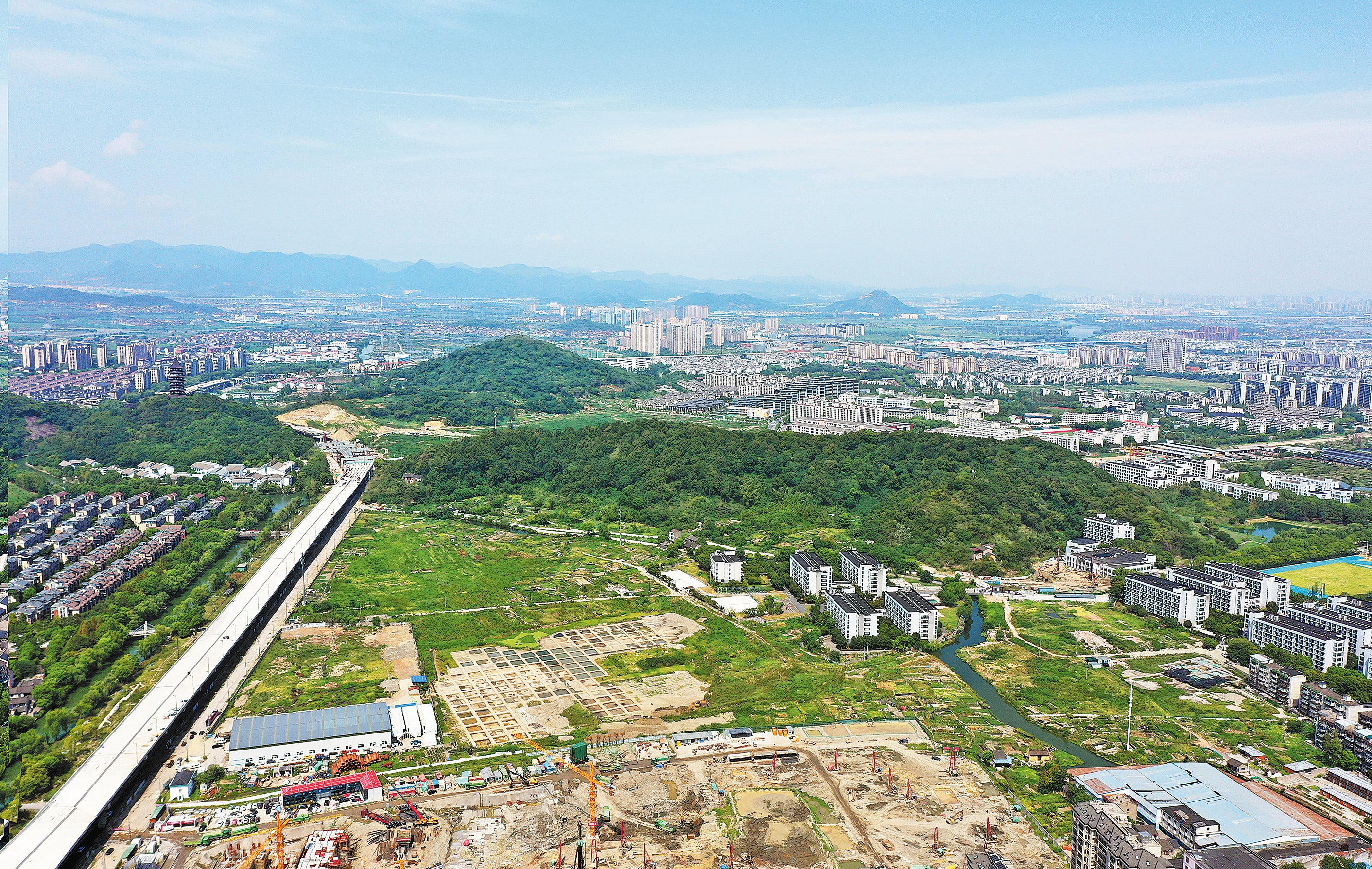An aerial view of the Nanshan relic site and its surrounding environment in Yuecheng district, Shaoxing, Zhejiang province